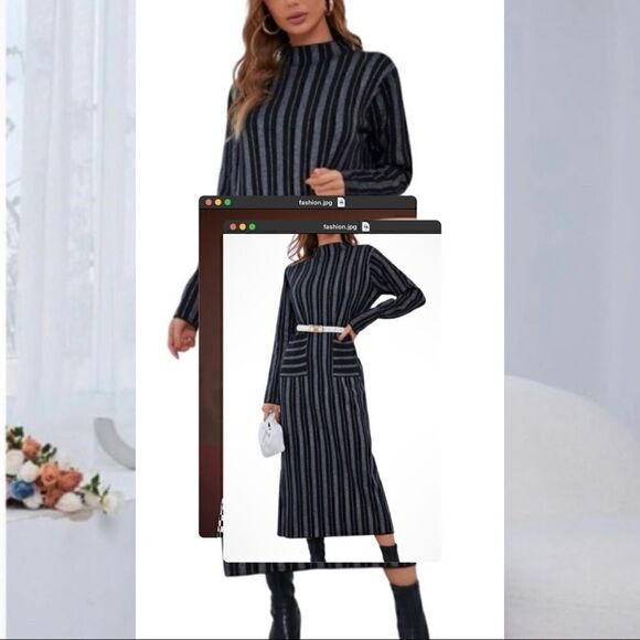 Stripe Pattern Dual Pocket Sweater Dress Without Belt Size M - Picture 2 of 5